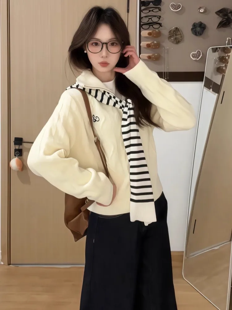 

Chic Early Autumn High School Student Korean Sle Knitted Sweater Coat Women's Slim Fit Long Sve Thermal Color Comm...