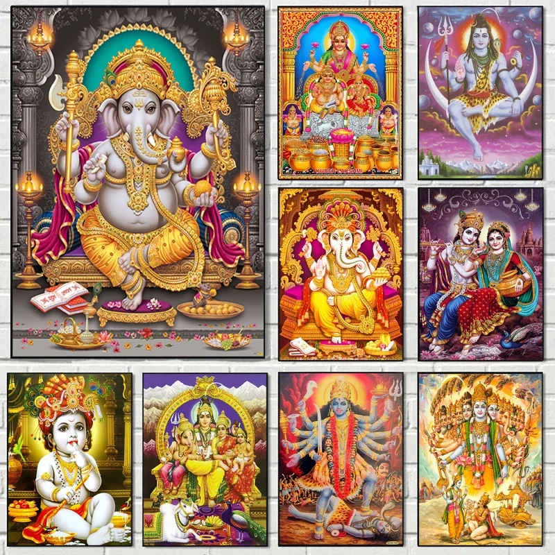 Peinture sur toile Ganesha, dieu éléphant de la religion hindoue indienne, affiches d'art dorées Zari Durga, impressions décoratives pour salon et maison