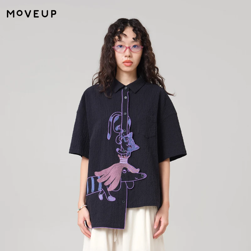 

MOVEUP Loose Short Sleeved Shirt 2026 Summer New Cartoon Animal Embroidery Pocket Irregular Hem Casual Shirt For Women 3ELX20439
