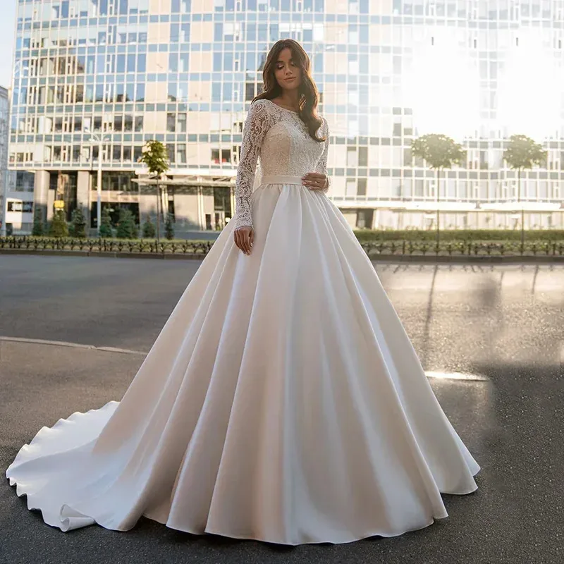 Vestido de novia bohemio personalizado, vestido de novia de manga larga con encaje, vestidos de Boda de Princesa, corsé, vestidos de novia de satén, vestido de novia