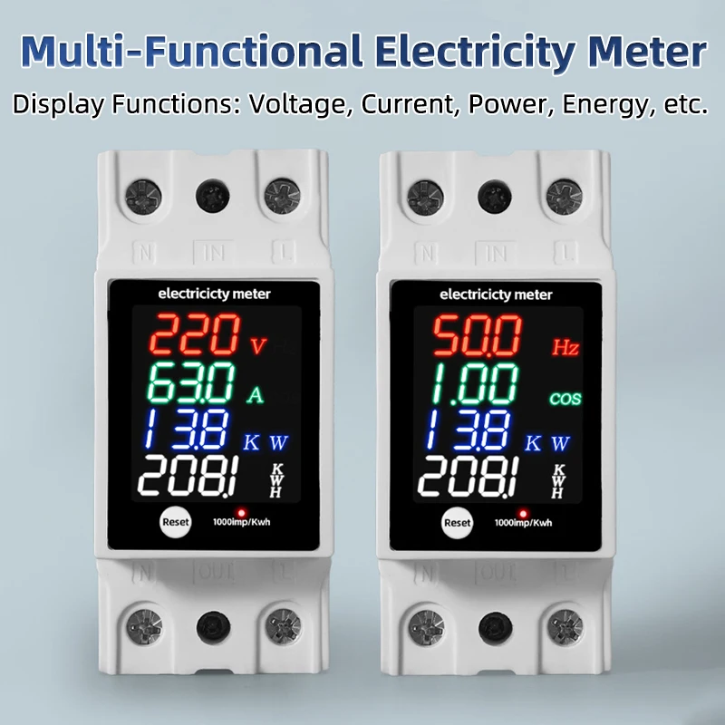 Digital Energy Meter Din Rail Mount AC30-400V Voltmeter Ammeter Watt Kwh Frequency Power Monitor Household Electricity Usage Mon