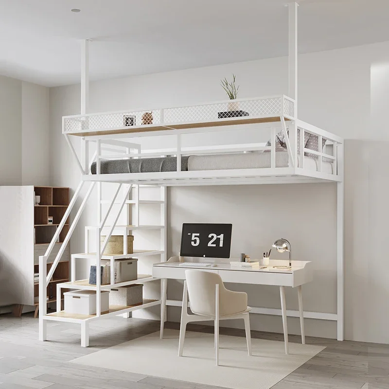 Space-saving household wrought iron second floor suspended bed sheet upper lower empty attic bed high and low bed elevated b