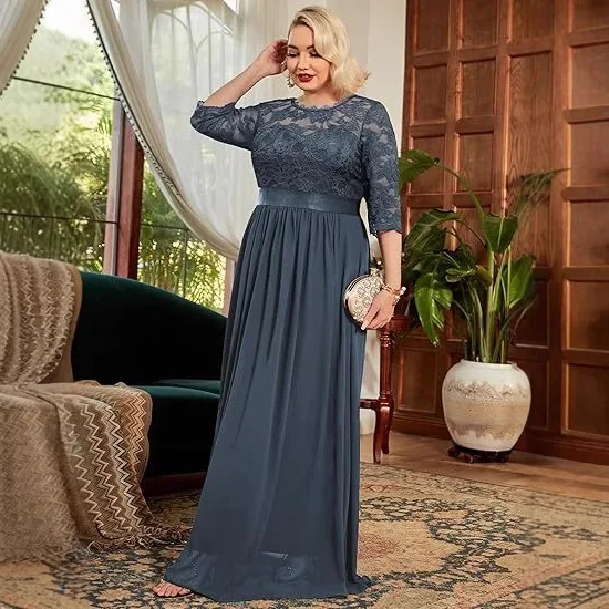 فساتين وصيفة الشرف أنيقة بدون أكتاف على شكل حرف A من الشيفون والدانتيل وشاحات على شكل فيونكة 3/4 كم لحفلات الزفاف والسهرات الرسمية والحفلات الراقصة بسحاب خلفي