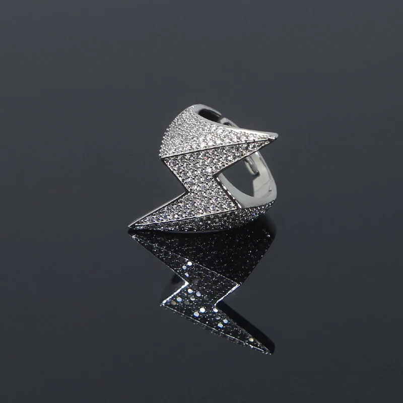 Fashion New Micro Paved 5A CZ Iced Out Bling Silver Color Lightning Bolt Shaped Hip Hop Men Finger Ring
