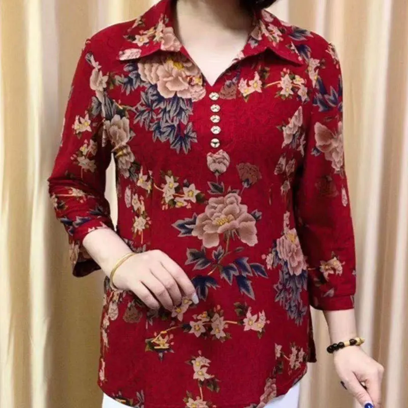 2024 Vintage Flowers Printed Shirt Female Clothing Casual Turn-down Collar Button Spring Autumn Commute Loose Long Sleeve Blouse