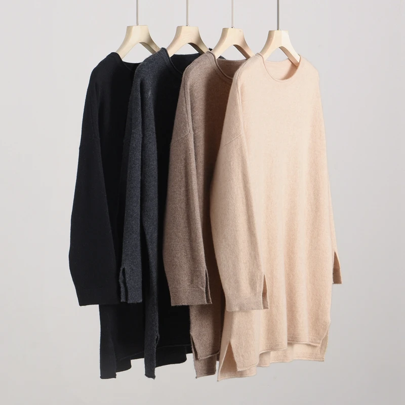 

Women 100% Cashmere Mid-long Sweater O-Neck Pullover Autumn Winter Fashion Loose Long Sleeve Cashmere Knitwear Soft Comfy Tops