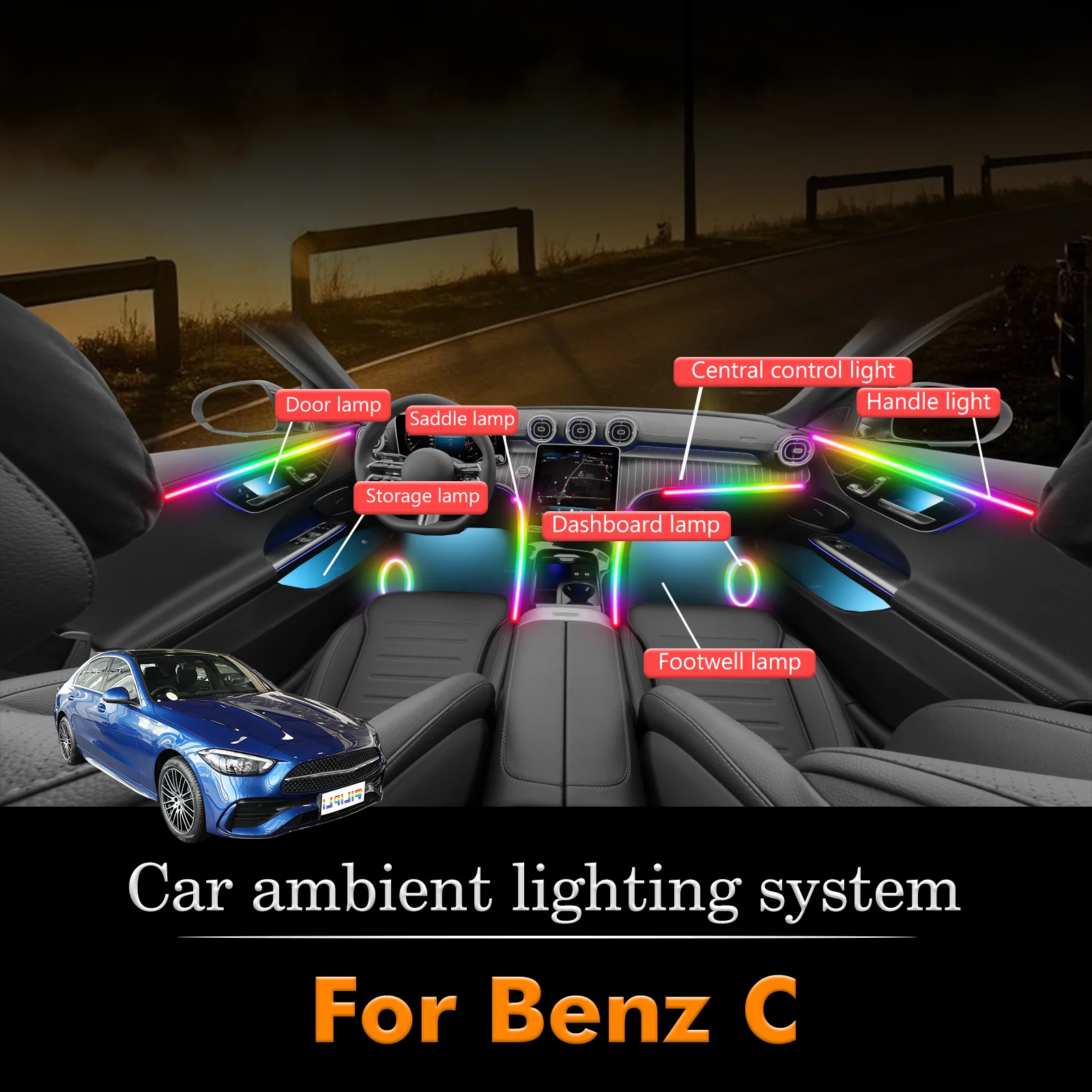 

For BenZ C-Class RGB 64 Colors LED Car Interior Ambient Light Smart Remote Control Rainbow Acrylic Strip Set