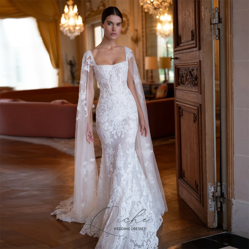 QICHE Exquisite Lace Appliqued Mermaid Wedding Dress With Cape Square Collar Open Back Spaghetti Straps Bridal Gown Customized