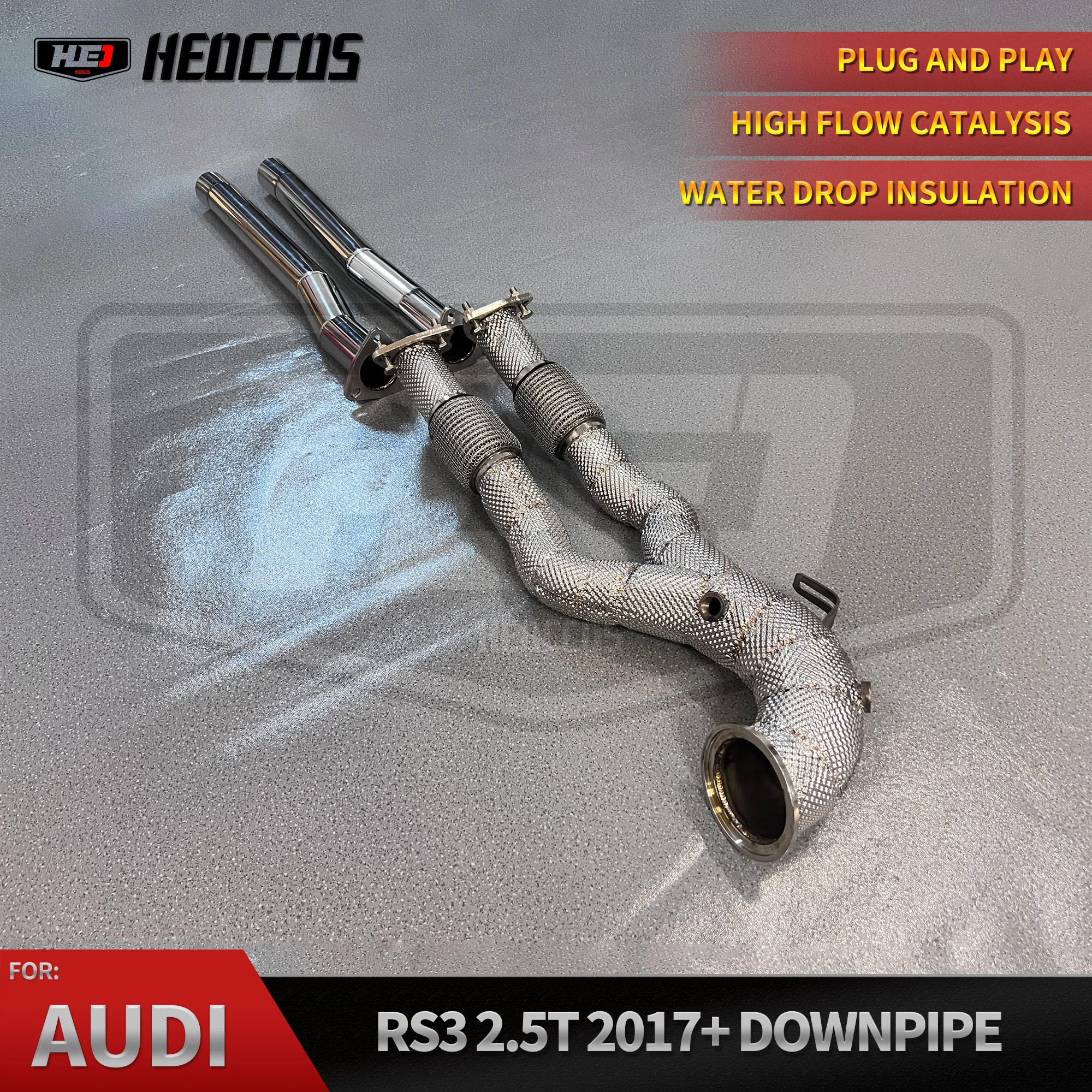 HEO Customized Ss304 Downpipes for Audi Rs3/ttrs RSQ3 2.5t 2017-2019 High Flow Exhaust Sport Cattd Downpipe With Heat Shield