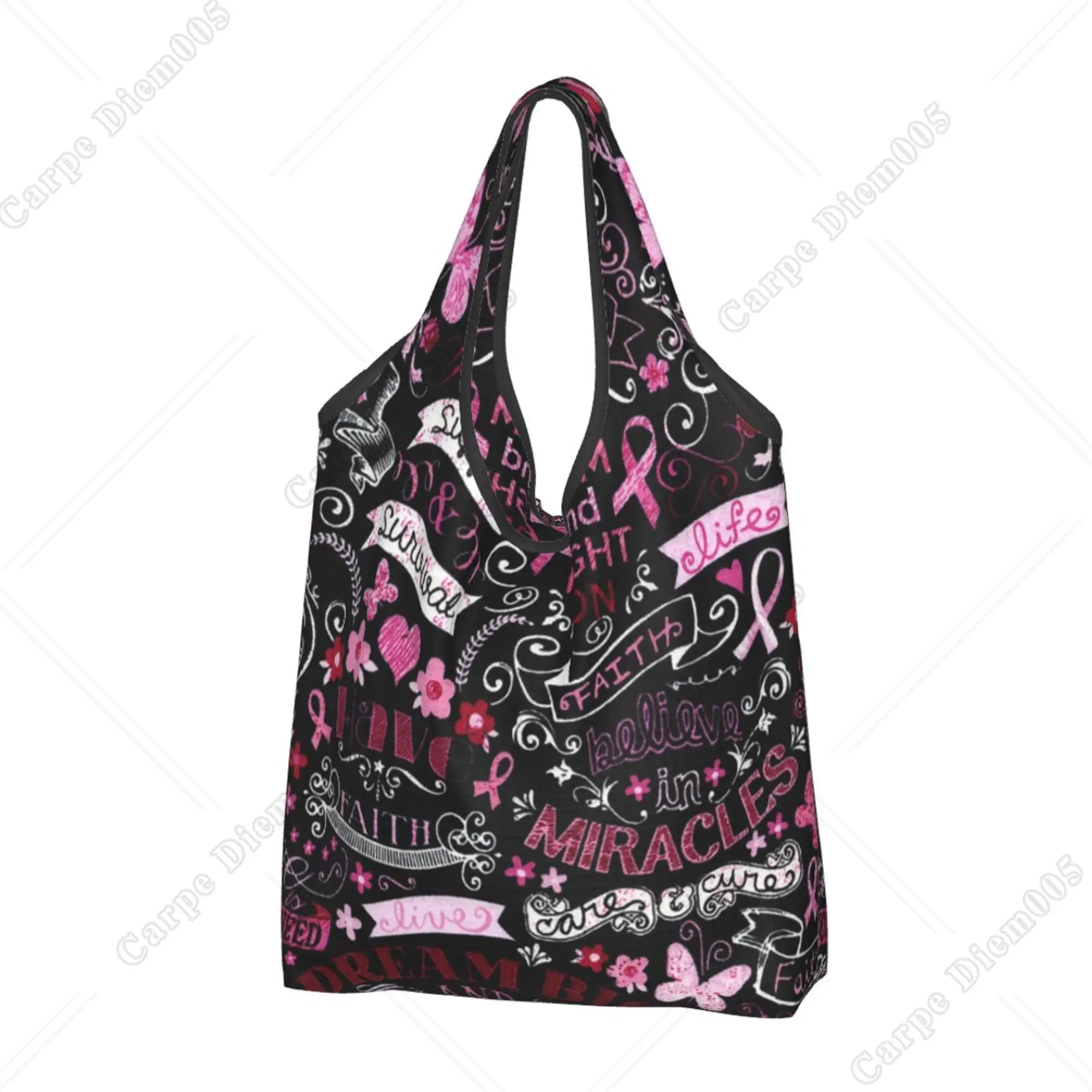 Breast Cancer Pink Ribbon Tote Bag Reusable Shopper Bag for Men Women Outdoor Walking Supermarket Bag Handbags One Size