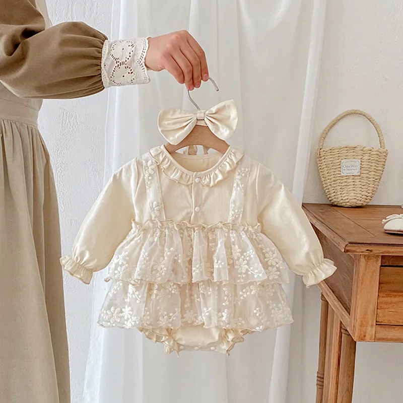 2025 New Spring Autumn Baby Clothing Toddler Baby Girls Romper Long Sleeved Waffle Cotton Lace Splicing Korean Style Climbing Su