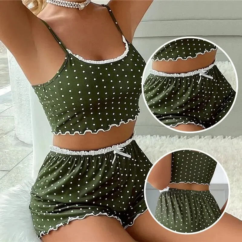 Summer Women Fashion Two Pieces Sexy Ladies Print Pajamas Set Deep V Neck Shorts Set Lace Sleepwear For Women Home Clothes