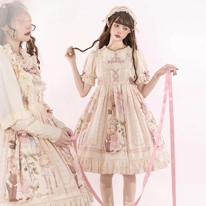 オリジナル可愛いウサギプリントJSK＆OPドレス ロリータガール レディース スイートドール感 スリム 半袖 膝丈ワンピース ホットセール