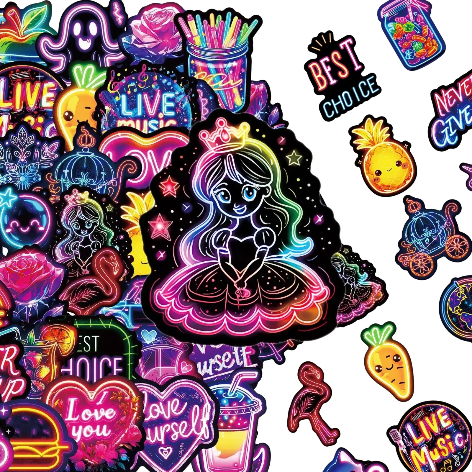10/30/50PCS Kawaii Neon Lamp Sticky PVC Sticker Aesthetic DIY Decoration Scrapbooking Hand Accounting Supplies
