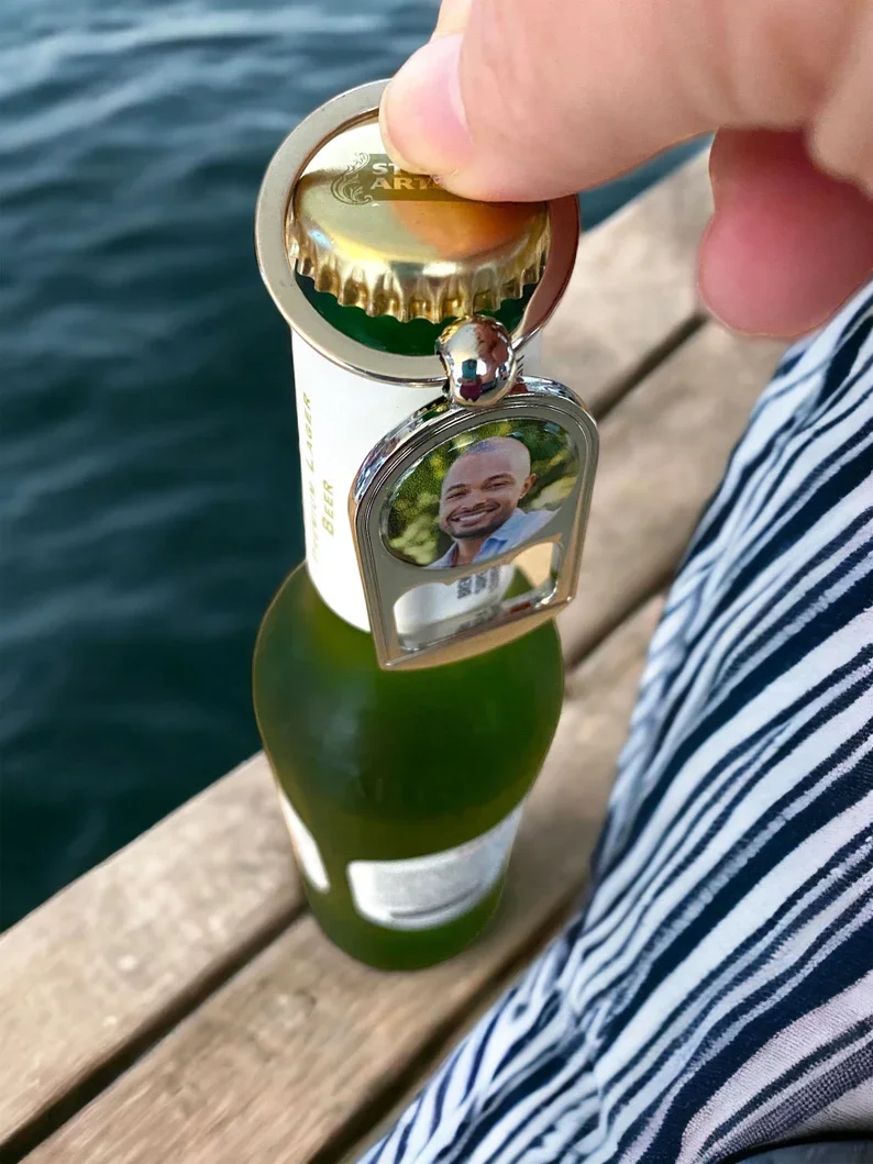 Ouvre-bouteilles de bière et de boissons photo personnalisables par transfert de chaleur, adaptés aux cadeaux de vacances/mariage/serre, fêtes