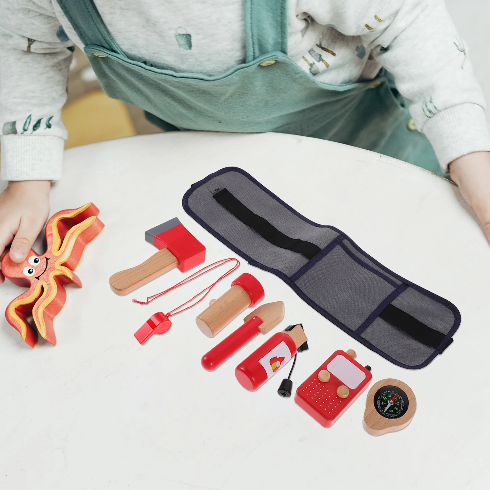 1Set Kids Firefighter Pretend Play Set Realistic Wooden Tools with Storage Belt for Imaginative Role Playing Learning Fine Motor