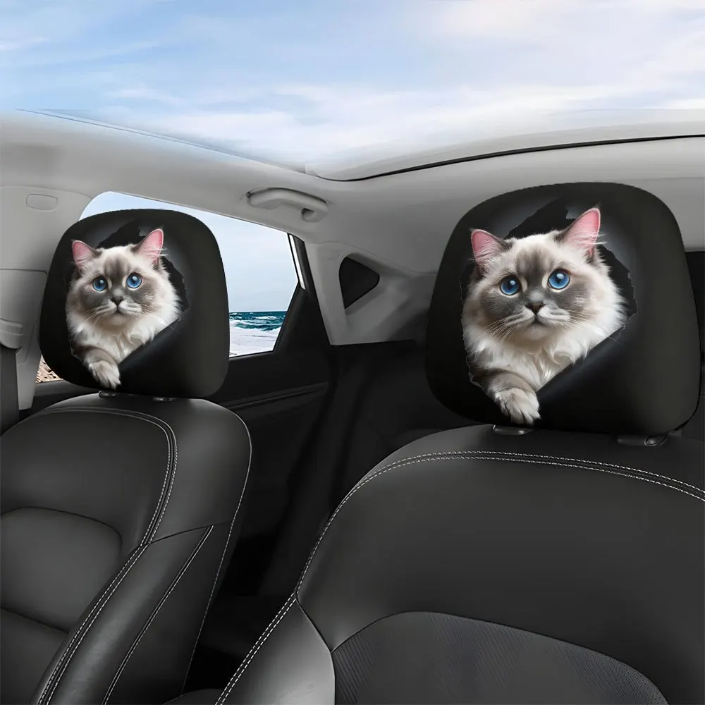 [Cute Ragdoll Cat Covers] 2pcs Cute Ragdoll Cat Print Headrest Covers | Washable, Easy To Install for Self-Driving Travel,