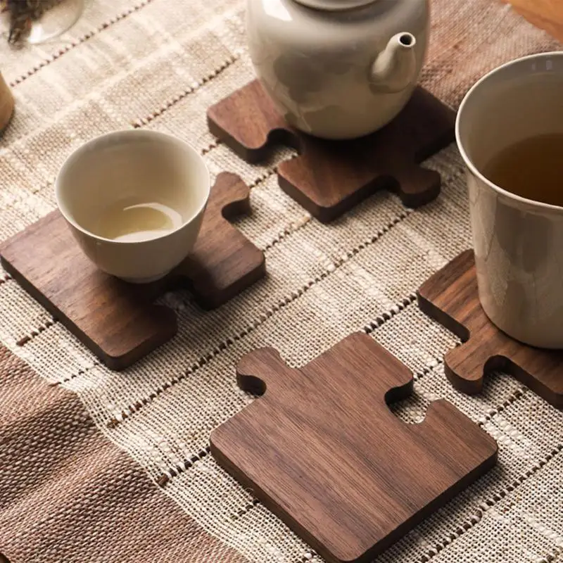4pcs Wooden Coaster Retro Style Teacup Mats Creative Building Block Shape Cup Mat Desktop Heat Insulation Mats Tea Sets Supplies view 3
