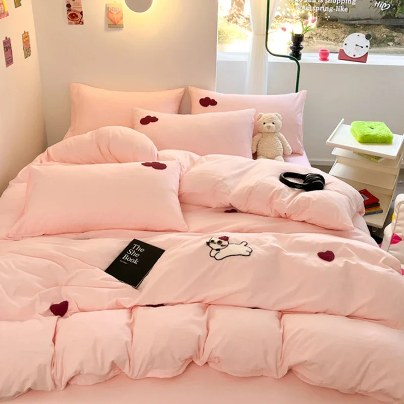 

Girls Cherry Bedding Set Soft Washed Cotton Bed Sheet Quilt Cover Pillowcase Bed Linens