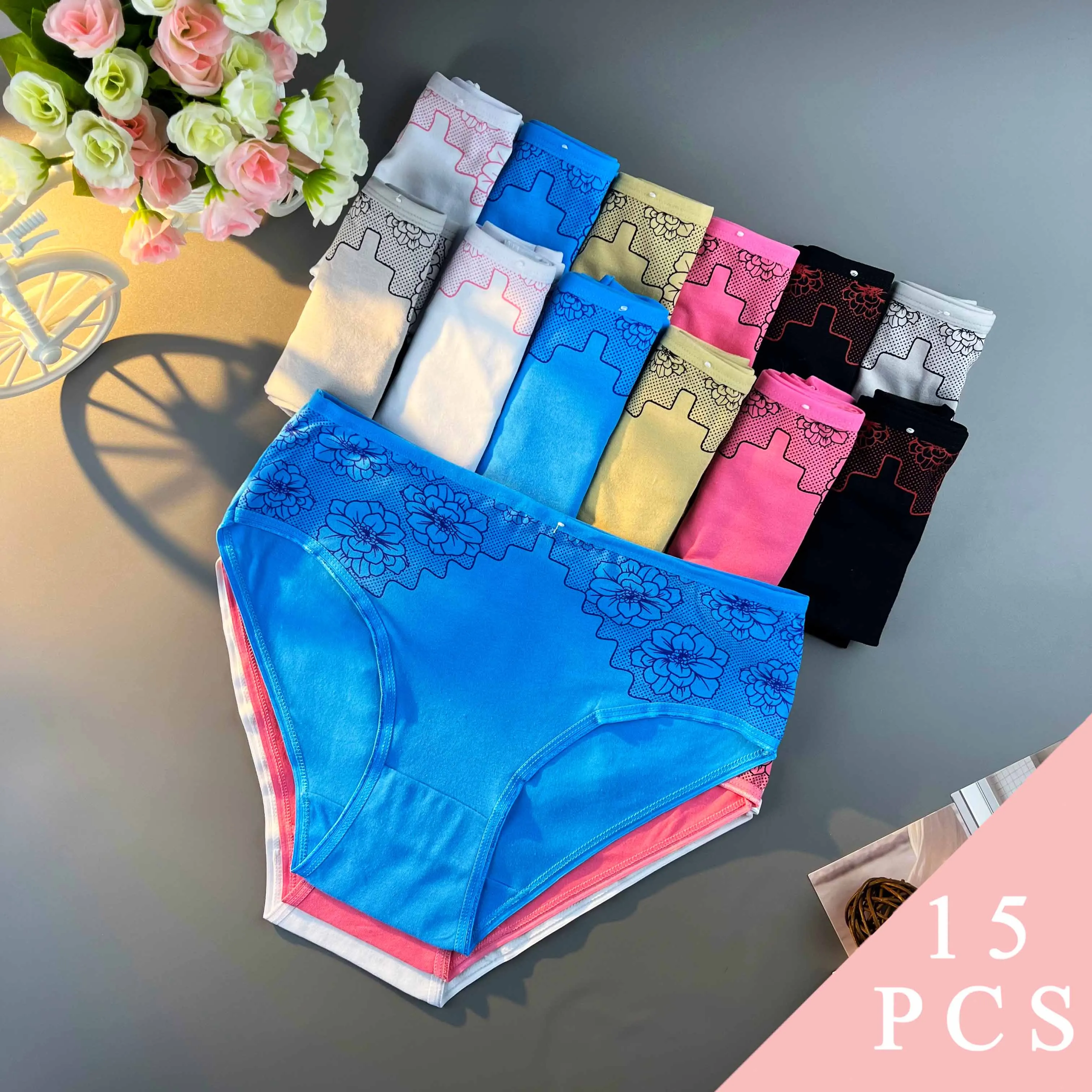 [15pcs 여성용 팬티] 꽃무늬 프린트, 미드라이즈, 부드럽고 편안한 통기성 신축성 있는 속옷 팬티(6가지 색상 무작위 배송)