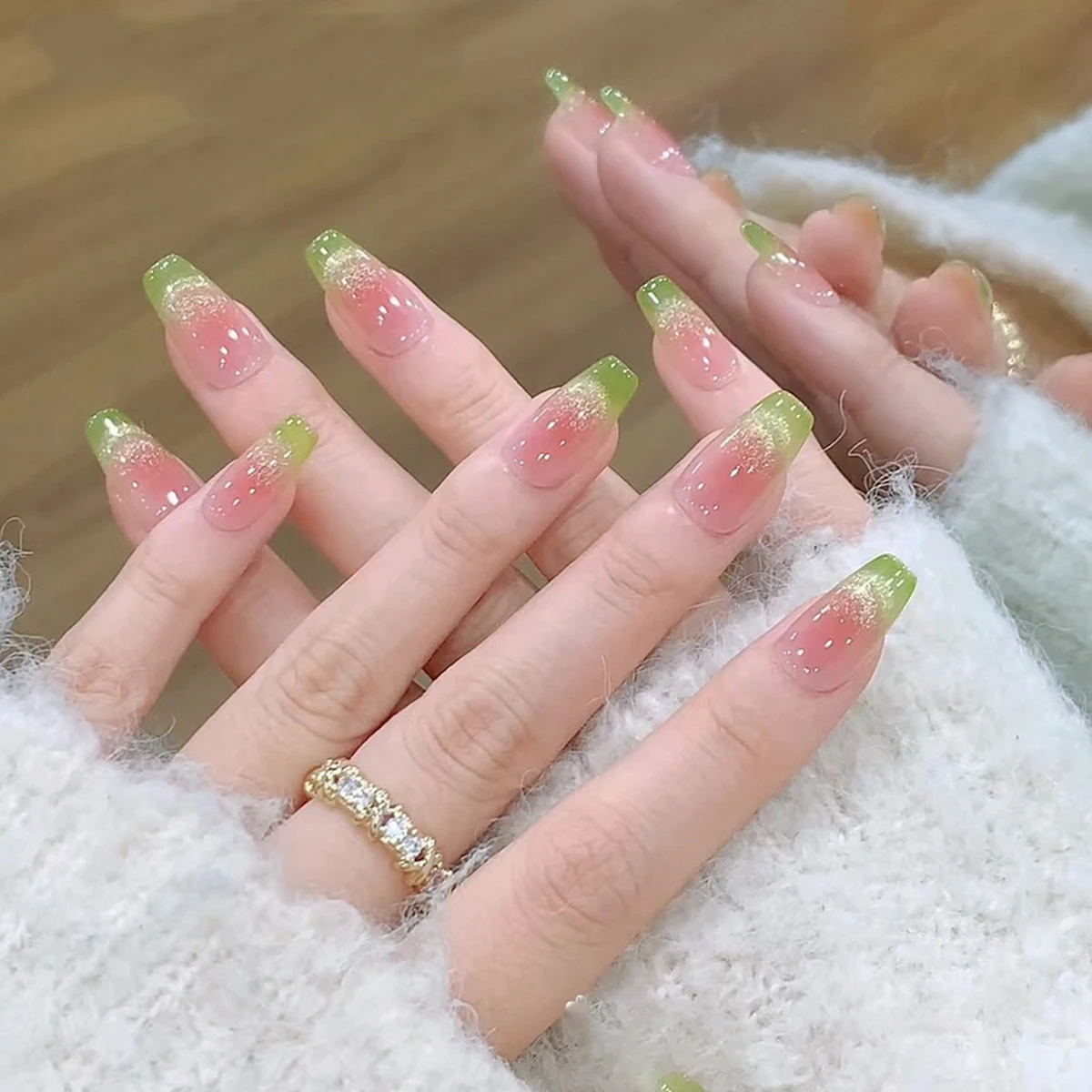 

30pcs New Green Long Square False Nails French Fake Nails Tips Full Cover Detachable Cat Eye Nails Press On Women Girls