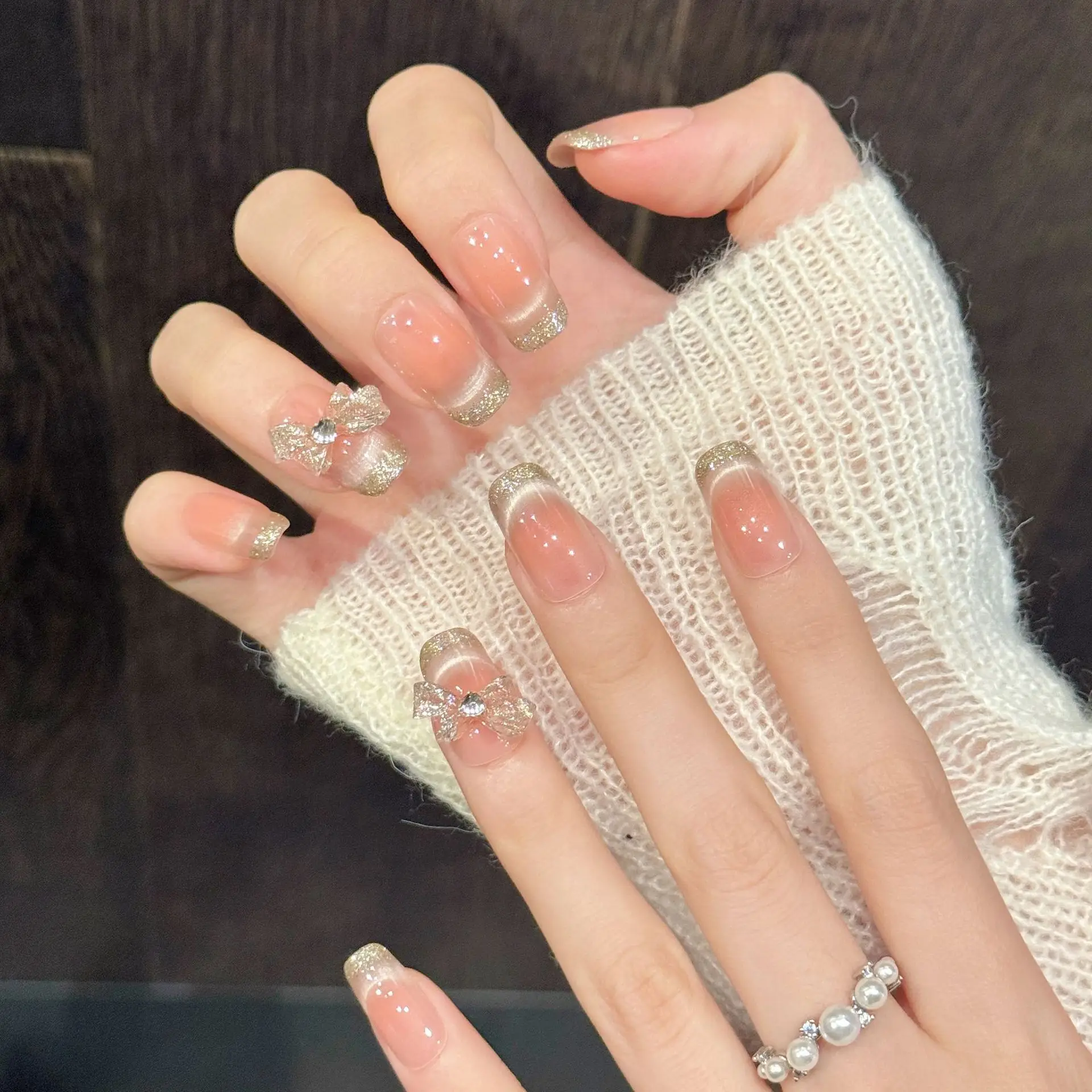 10PCS Middle Square Handmade Press On Nails,Pink Gold Broken Diamond French Style, Gentle Style,Suitable For Festivals Parties