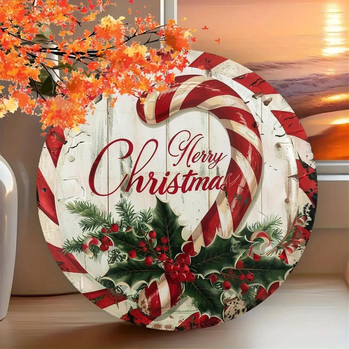 Vintage wooden Merry Christmas sign, chess, round festive wall decor with candy canes and holly for home