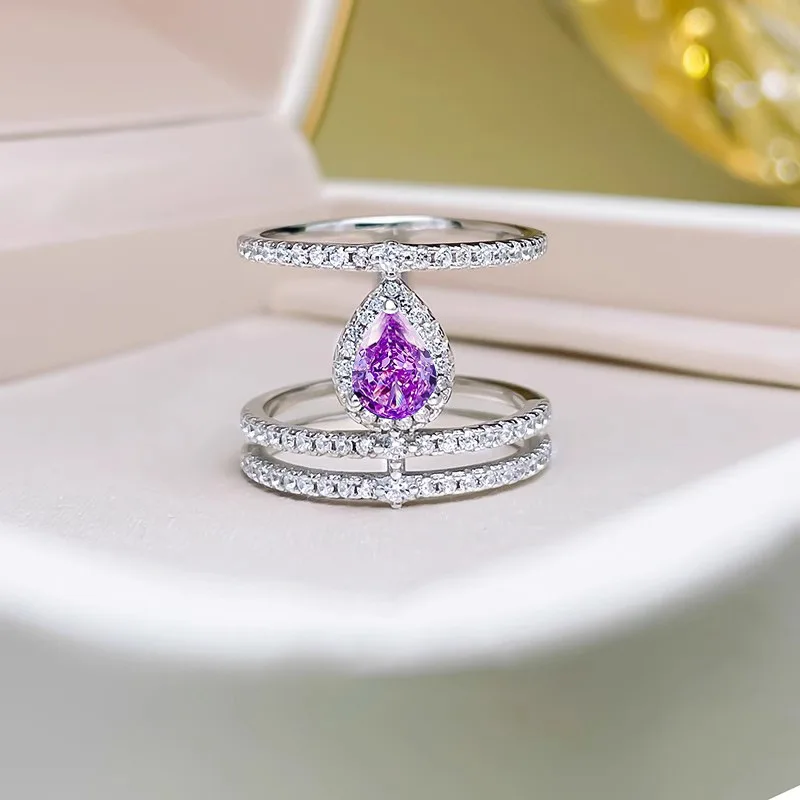 Advanced AAA Zircon Water Drop Purple Diamond IceFlower Cut Diamond Ring Female Personality Fashion Suitable for Party and Party