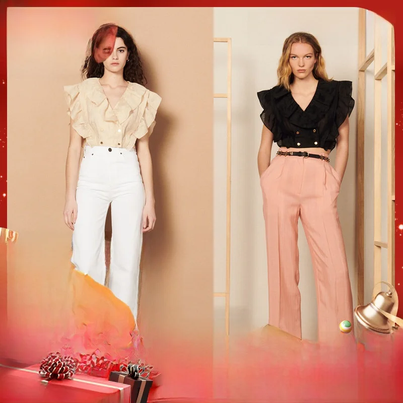 

Летний женский топ MaSandeS с V-образным вырезом, плиссированный, легкий, с цветочным принтом, на пуговицах, для офиса, однотонный