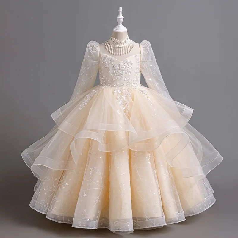 High-end Elegant Puff Sleeve Teenager Children Kids Gauze Vestidos Flower Girls Princess Sequins Wedding Christmas Party Dress