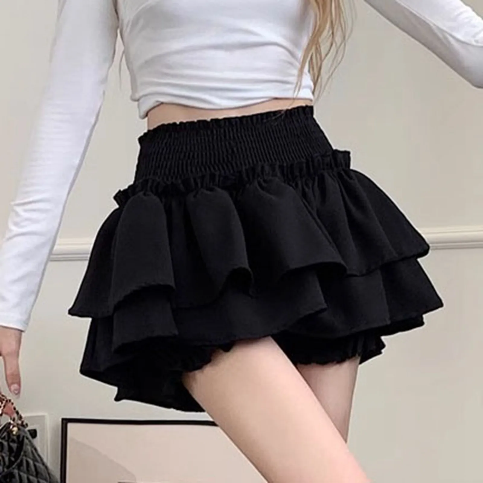 Black Ruffle Edge y2k Girls Mini Skirts Summer Elastic High Waist Slim A- line Pleated Skirt Anti-Exposure Ultra Short Faldas