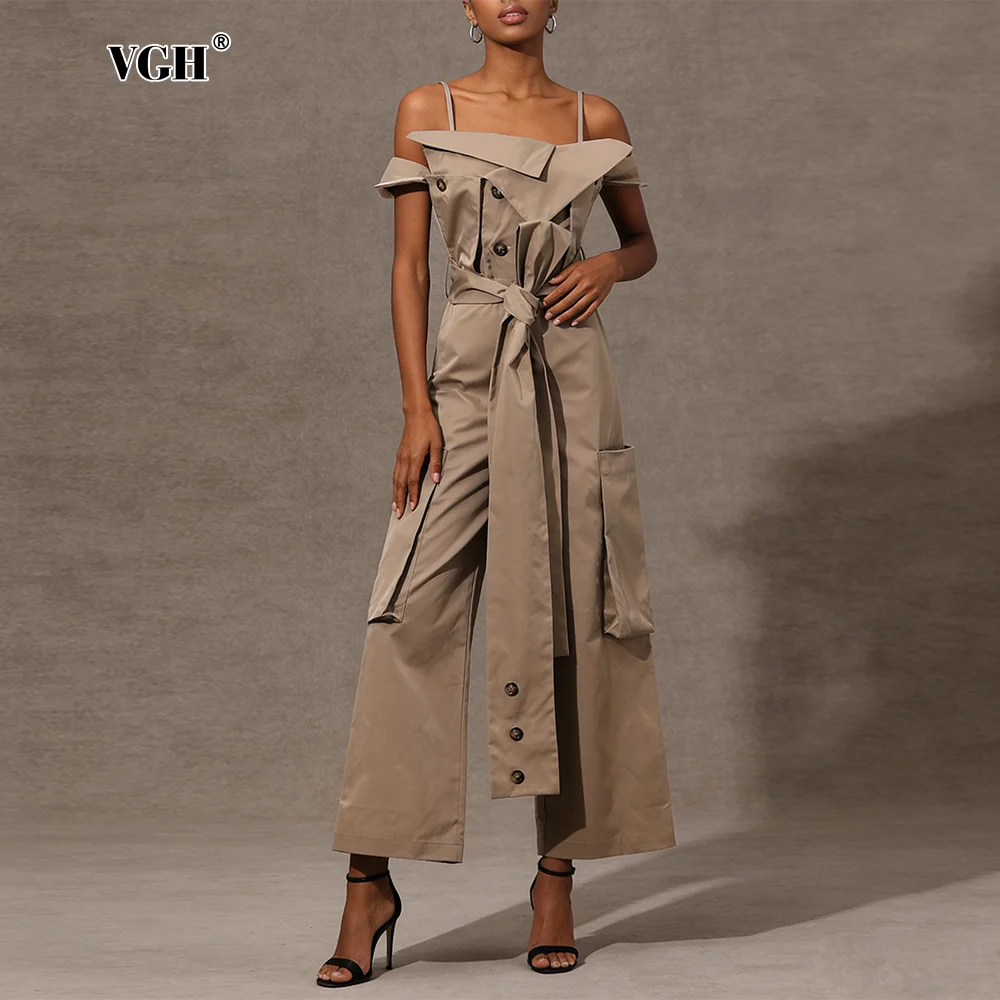 VGH British Style Casual Jumpsuits For Women Strapless Sleeveless High Waist Spliced Pocket Spring Temperament Jumpsuit Female