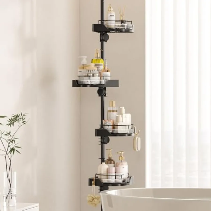 Shower Caddy Tension Pole with 4 Lazy Susan Organizer 360 Rotating 35-128 Inch No Drilling Floor Standing Shelves Adjustable Sh