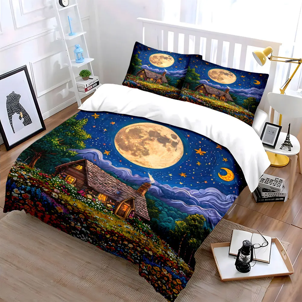 Dreamy Cottage Under Full Moon Bedding Set for Kids Luxury Gift 3pcs Digital Print Comforter Set Soft Comfortable Breathable