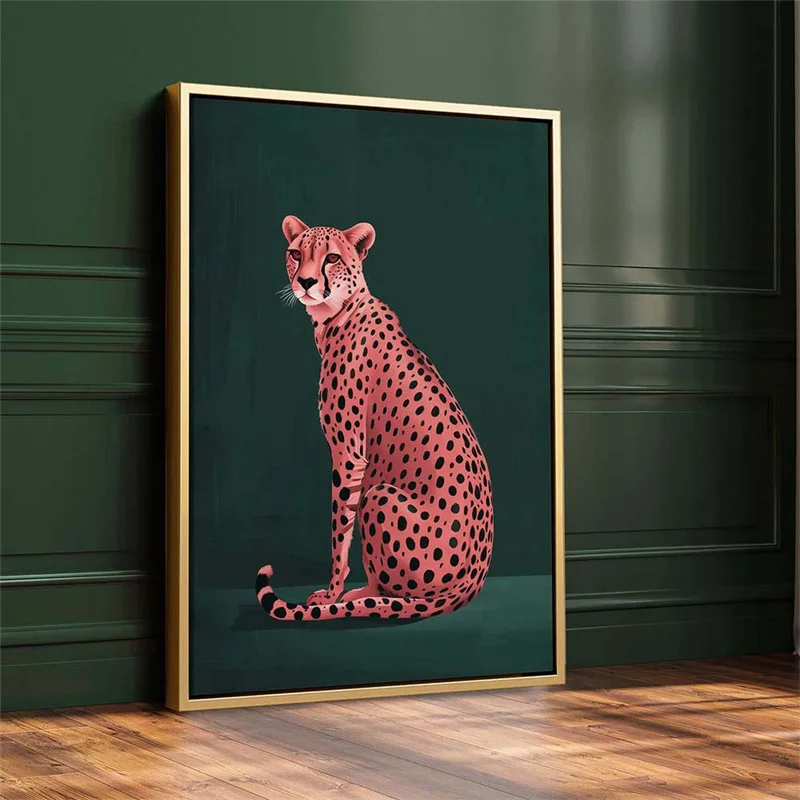 Pink Cheetah on Green Art Poster Print Emerald Green Modern Canvas Painting Animal Art Picture Maximalist for Home Decor