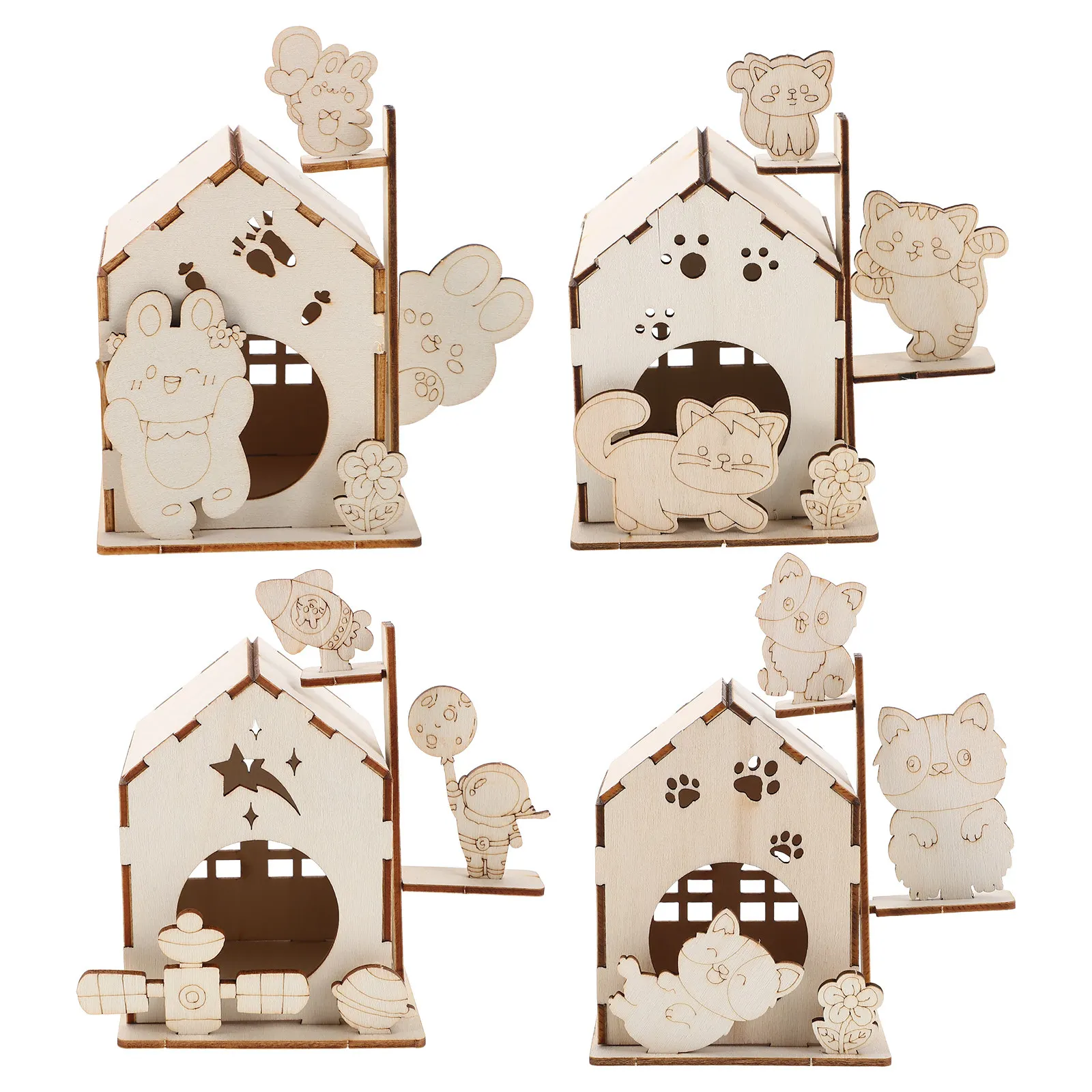 4-個の未塗装木製鳥小屋キット子供-diy-落書きクラフトクリエイティブペイントセット手と目の協調パズル組み立てガーデン