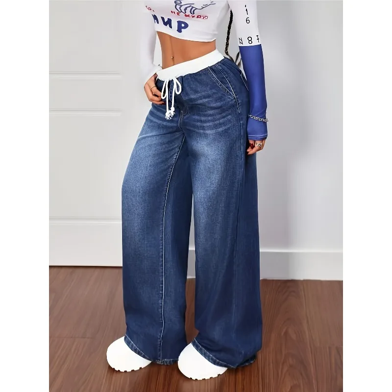 New Features White Rubber Band Ladies' High Waist Elastic Jeans, Straight Fashion Ladies' Jeans, Casual and Versatile Jeans.