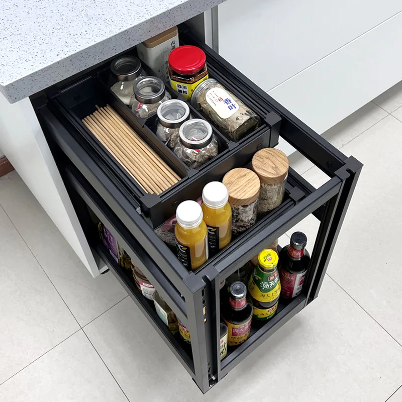 Cestino per condimenti con pompa centrale interamente in alluminio, cesto per armadio, cucina, cucina, armadio stretto, cremagliera per condimenti, cassetto verticale