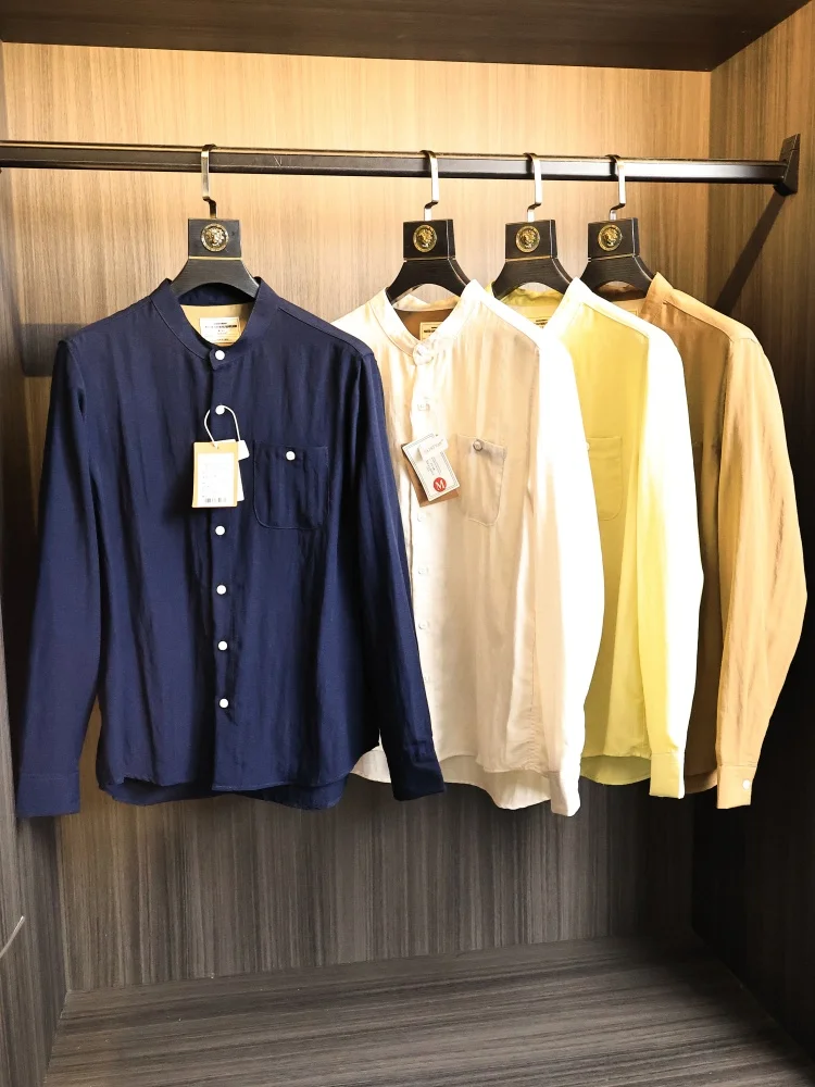 

Lcellose Blend Long Sleeve Shirt Men's American Retro Henry Collar Breathable Comfortable Summer Fashion Urban Style Button up