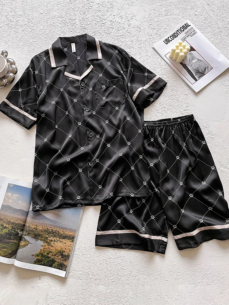 New High Quality Men's Silk Pajamas, Short Sleeves, Shorts, Pants, 100 Silk Thin, Loose Home Clothes