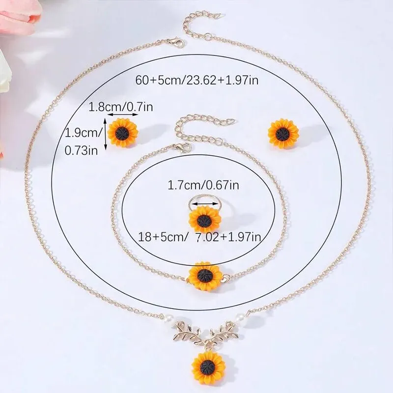 Obega 4 PCS Sunflower Penant Neckalce Bracelet RIng Earrings Jewelry Set Gold Tiny Chain Trendy Fahion Woman Vacation Jewelry