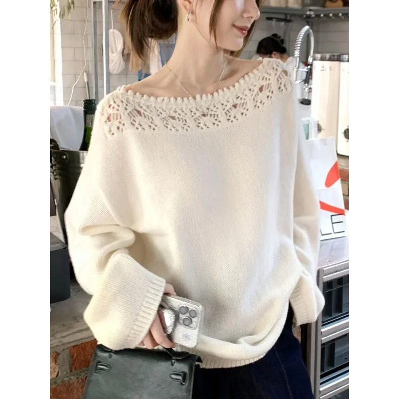 

One-length Neck Hollow Lace Sweater Women Loose Long-sleeved Top
