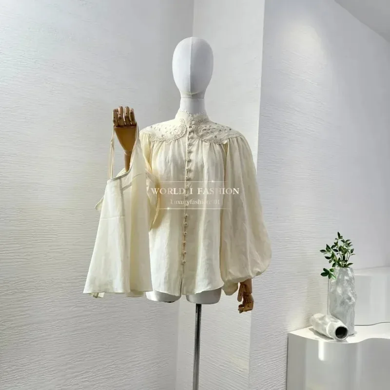 

2025 Beige Long Sleeve Embroidery Lantern Sleeve Blouse Tops