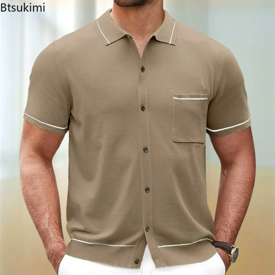 

Men's Casual Solid Knit Polo Shirts Classic Short Sleeve Lapel Collared Button Down Shirts Vintage Golf Shirt with Pocket Tops