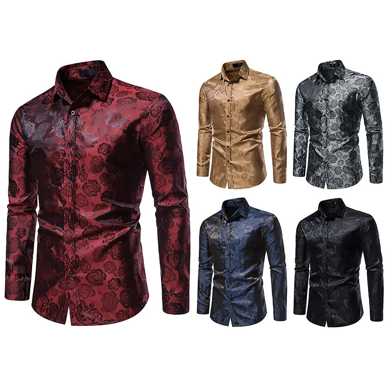 

2022 African Shirt Silk Satin Rose Floral Print Shirts Male Costumes Long Sleeve Wedding Prom Shirts Casual Slim Fit Business