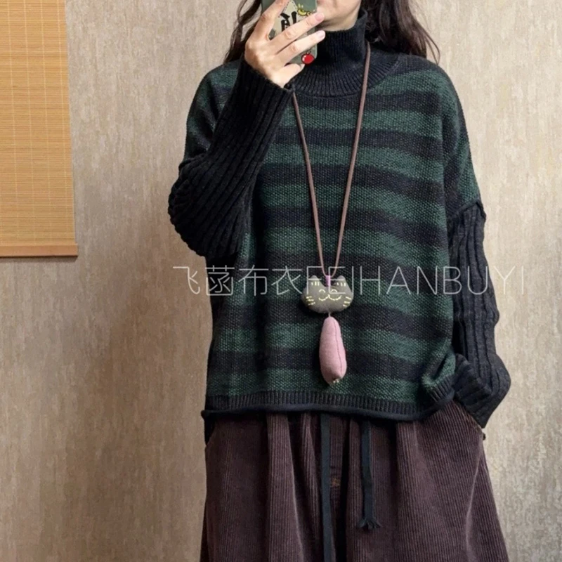 

Новое поступление 2025, осенне-зимний женский свободный пуловер с воротником и длинными рукавами, повседневный винтажный полосатый лоскутный вязаный свитер F79