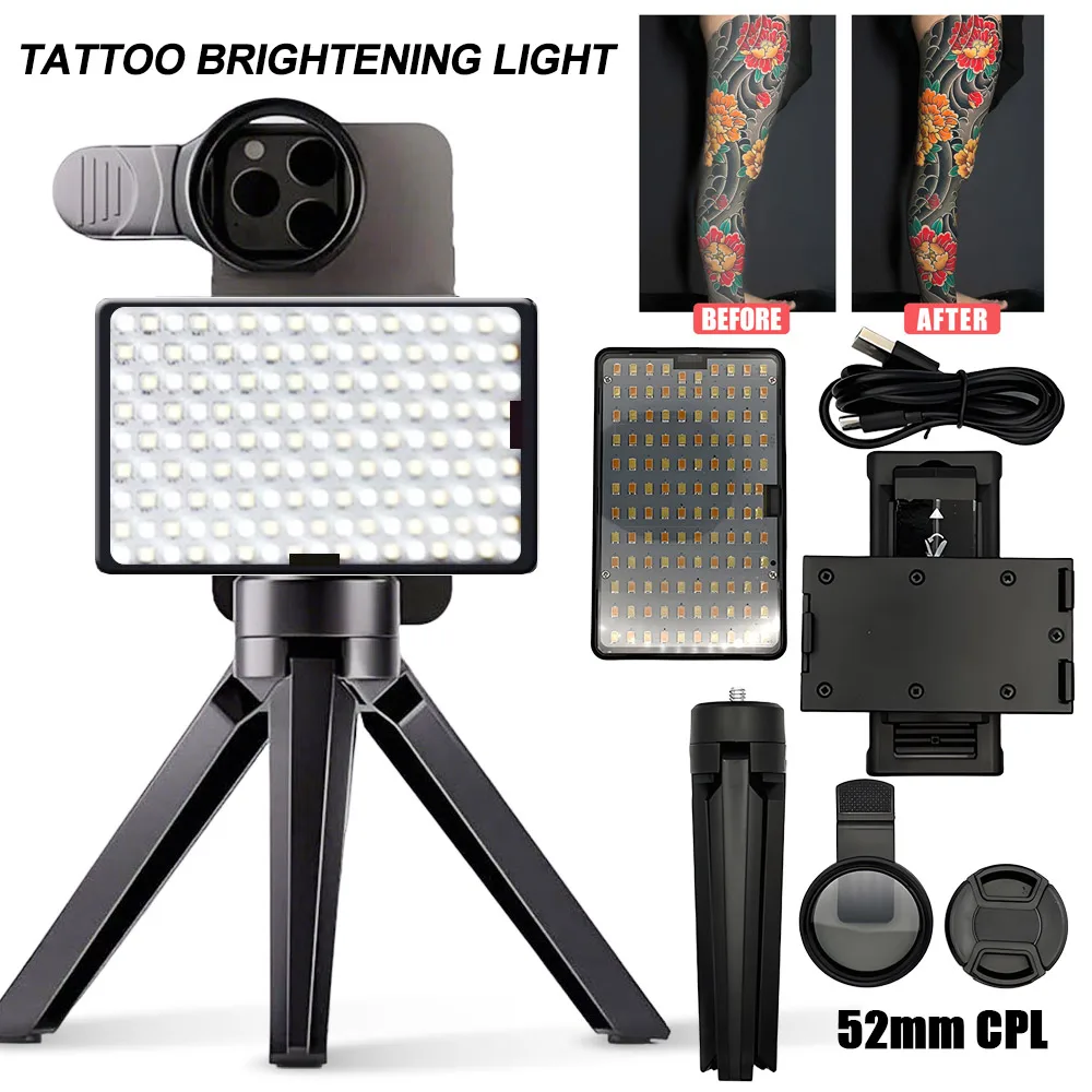 Tattoo Fill Light 120 LED Tattoo Reduce Reflected Light with 52mm CPL Filter Lens Portable Polarized Fill Light for Any Phone