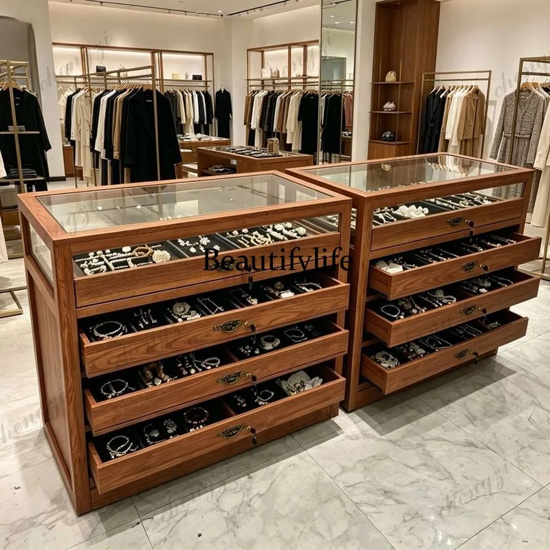 Clothing Store Vintage Solid Wood Jewelry, Glass Display Cabinet Jewelry Silver Jewelry Cultural Relics Nakajima Counter