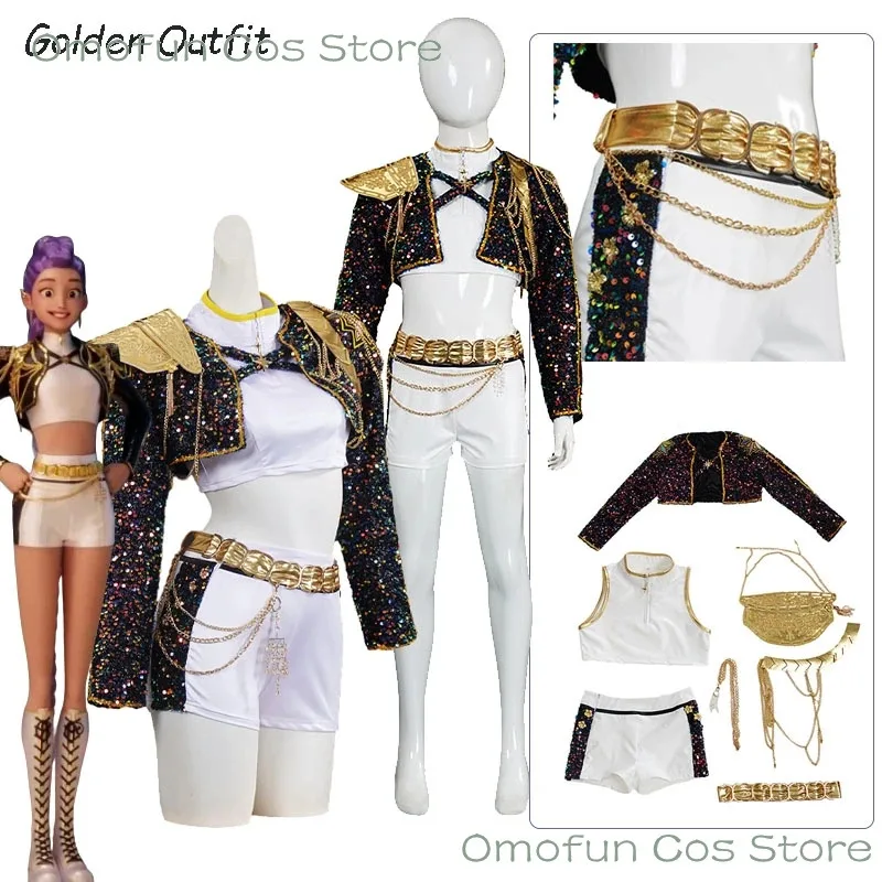 

Adults kids Huntrix K-Pop Rumi Kang Cosplay Demon Hunters Leader Vest Skirt Set Wig Halloween Cure Cosplay Golden Outfit Costume