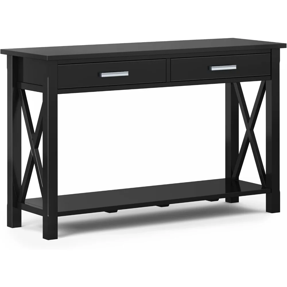 Kitchener SOLID WOOD 47 inch Wide Contemporary Console Sofa Table in Black with Storage, 2 Drawers and 1 Shelf, for t